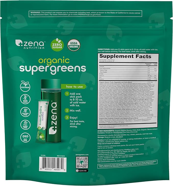 Zena Nutrition Organic Super Greens Powder, 70+ Superfoods, 0 Sugar, 3g Fiber, Spirulina, Chlorella, Mushrooms, Prebiotics/Probiotics, Digestive Enzymes, Gut Health, Green Apple, 30 Drink Mix Packets