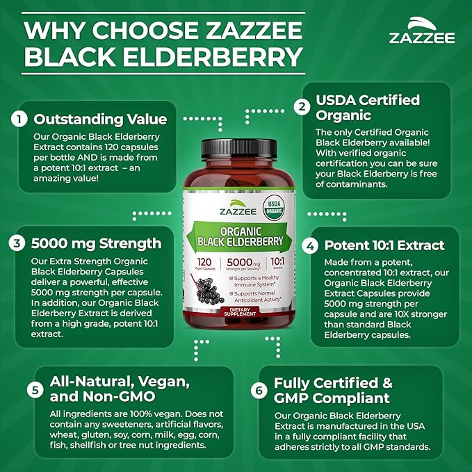 Zazzee USDA Organic Black Elderberry 10:1 Extract, 5000 mg Strength, 120 Vegan Capsules, 2 Month Supply, Standardized, Concentrated 10X Extract, 100% Vegetarian, All-Natural, Non-GMO, Made in The USA