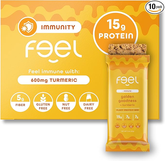 Feel Vegan Protein Bars | Golden Goodness | Keto | Gluten Free | Organic | Turmeric | 15g Protein | Low Carb | Dairy Free | Grain Free | Nut Free | Soy Free | Non GMO - 10 Pack