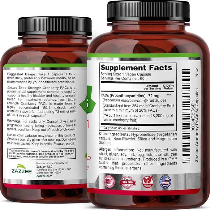 Zazzee Cranberry PACs, 72 mg PACs per Capsule, 2X Strength, 100% Soluble, 60 Vegan Capsules, 50:1 Extract, 18,200 mg Strength, Fast-Acting, Effective Urinary Tract Support, Made in The USA