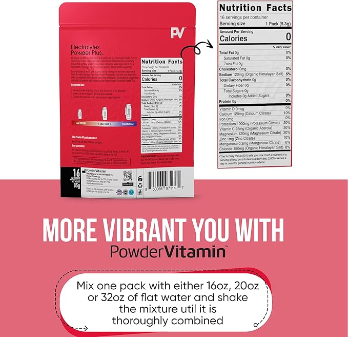 PowerVitamin Electrolytes Powder Packets - Raspberry - Keto Electrolytes for Energy - Hydration Powder with 1000mg Potassium, 120mg Magnesium, Zero Calories - 16 Hydration Packets