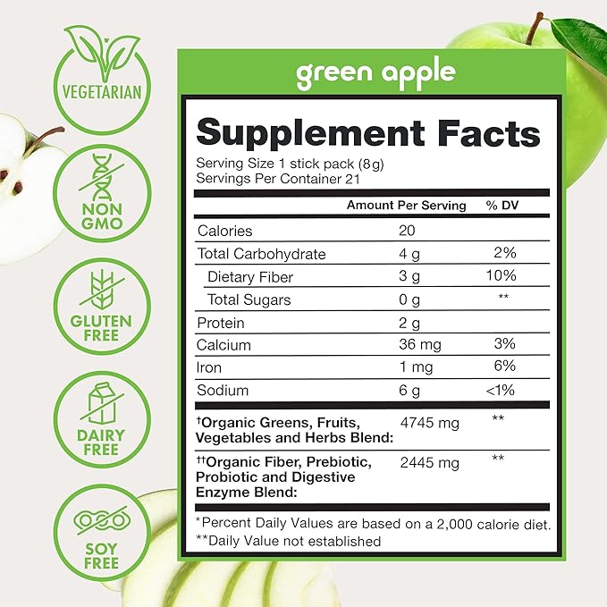 Zena Nutrition Organic Super Greens Powder Variety Pack, 70+ Superfoods, 0 Sugar, 3G Fiber, Spirulina, Chlorella, Antioxidants, Prebiotics/Probiotics, Digestive Enzymes, 21 Drink Mix Packets