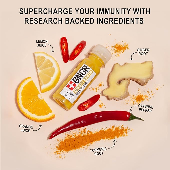 +GNGR Immunity Booster Organic Ginger and Turmeric Shot - Cold Pressed Ginger Shots with Turmeric, Cayenne Pepper, Orange, Lemon for All Natural Immune & Digestive Support 2 fl oz (Pack of 12)