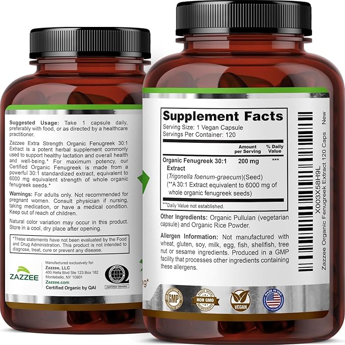 Zazzee USDA Organic Fenugreek 30:1 Extract, 6000 mg Strength, 120 Vegan Capsules, 4 Month Supply, Standardized and Concentrated 30X Extract, 100% Vegetarian, All-Natural and Non-GMO