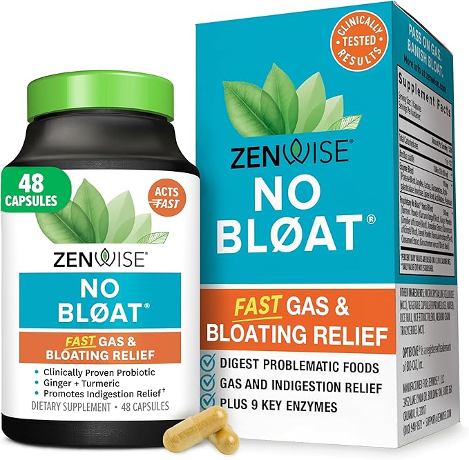Zenwise Health No Bloat Digestive Enzymes for Gut Health, Gas & Bloating Relief - Multi Enzymes Digestion Supplement with Probiotics, Ginger, Turmeric Dandelion & Lactase - Men & Women - 48 Count