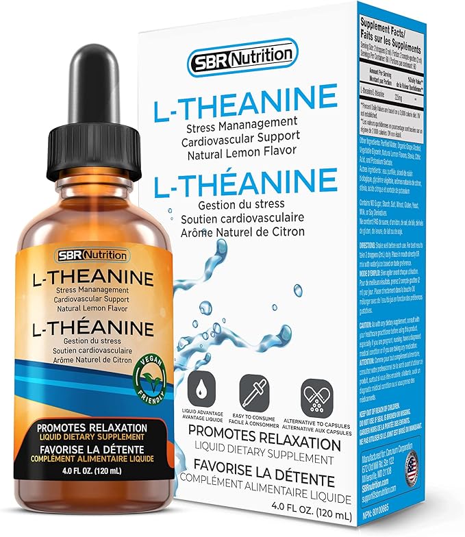 SBR Nutrition Liquid L-Theanine Drops | All Natural, Vegan, Alcohol Free, Non-GMO | for Sleep Aid, Calm, Relaxation, Focus Without Drowsiness | Synergistic with Coffee or Caffeine
