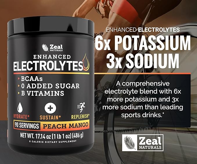 Zeal Electrolyte Powder - 90 Servings | Keto Electrolytes Powder | Zero Sugar, BCAAs, B-Vitamins | Potassium, Zinc, Magnesium | Hydration Powder Recovery Drink | Peach Mango