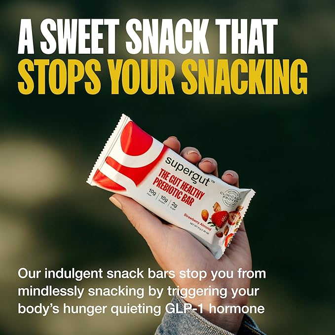 Supergut GLP-1 Boosting Prebiotic Bars, Strawberry Almond - Gut Healthy Protein Snacks & Breakfast Bars - Keto-Friendly Meal Replacement Energy Bars for Gut Health (12 Count)