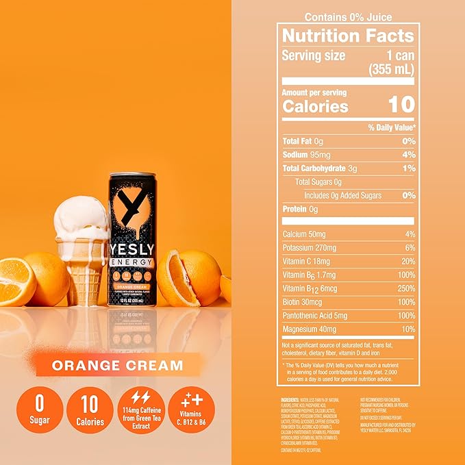 Yesly Energy - All Natural Clean Energy Drink - Zero Sugar Functional Energy – 114mg of Green Tea Extracted Caffeine Per Serving - Variety Pack, 12 Fl Oz (Pack of 12) (12 Fl Oz (Pack of 12), Orange Cream)
