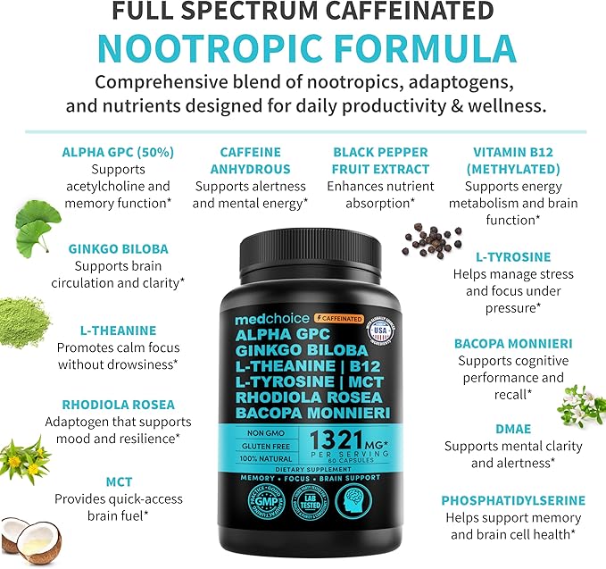 12-in-1 Nootropic Brain Supplement with Caffeine Anhydrous: Ginkgo Biloba for Brain Support, Memory and Focus - B12, Alpha GPC, L Theanine and Choline Supplements with Bioperine with 1321mg (60ct)