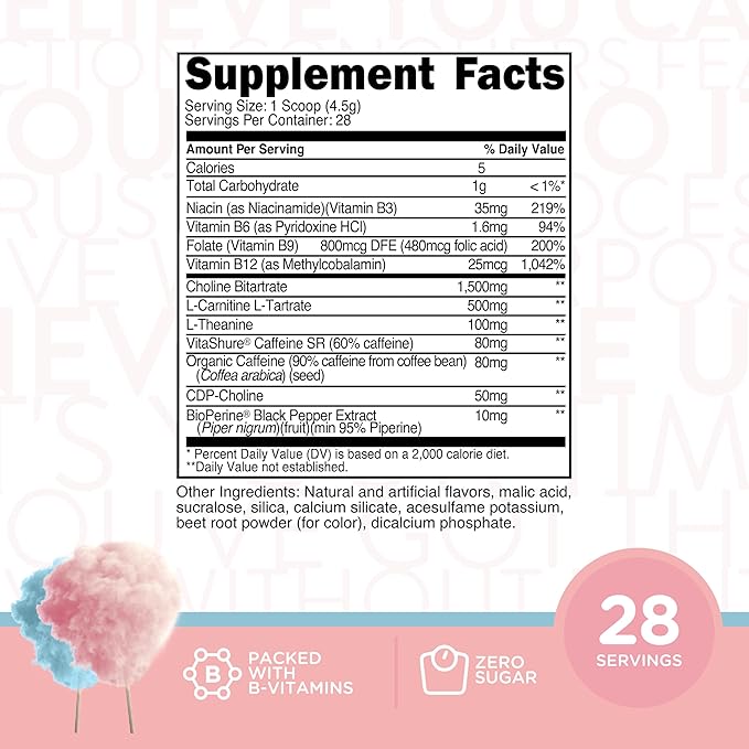 TransformHQ Energy & Focus Powder (Cotton Candy) - Boost Shot Clean Energy Drink Mix - Sugar Free - Non-GMO, Gluten-Free - 28 Servings