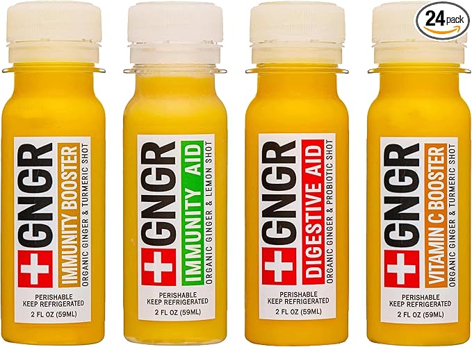 +GNGR 24 Shots Variety Pack of Organic Immunity Boosting Ginger Shots - Cold Pressed Ginger Shots for All Natural Digestive and Immune Support - Nothing Artificial - USDA Organic 2 fl oz (Pack of 24)