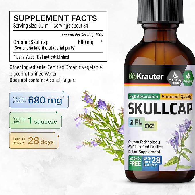 BIO KRAUTER Skullcap Herb Tincture - Scutellaria Lateriflora Liquid Extract - Alcohol and Sugar Free - Vegan Drops 2 Fl.Oz.