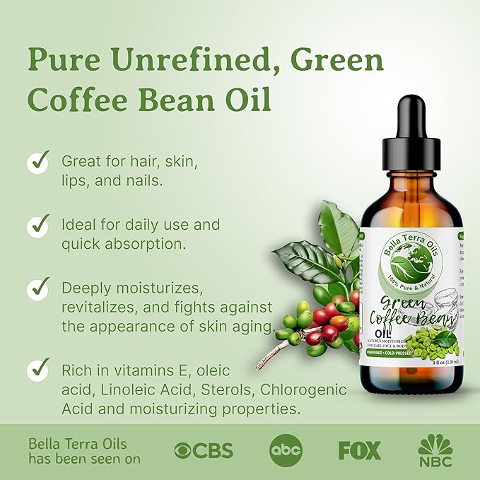 Bella Terra Oils - Green Coffee Bean Oil 4oz - Unveiling the Nutritional Treasure of Coffee Seed Oil, Ideal for Skin Hydration and Vitality
