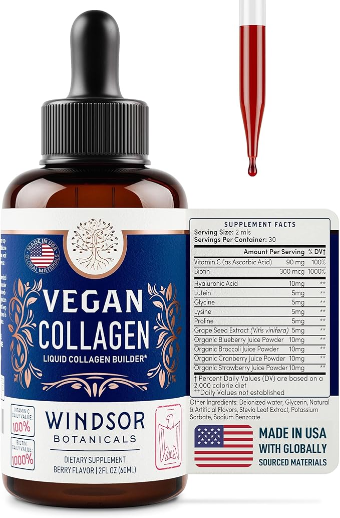 Vegan Collagen Builder Liquid Supplement - Collagen Booster with Vitamin C, Biotin, Hyaluronic Acid & Amino Acids - Organic Fruit & Vegetable Blend - 60ml, 30 Day