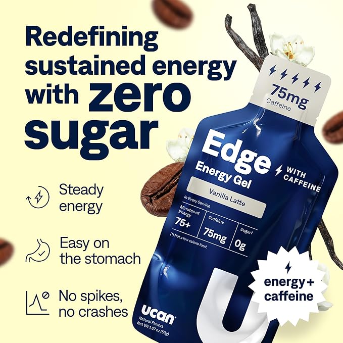 UCAN Edge Energy Gel Shots, Vanilla Latte + Caffeine (12, 2 Ounce Packets) for Running, Training, Workouts, Fitness, Cycling, Crossfit | Sugar-Free, Vegan, & Keto Friendly Energy