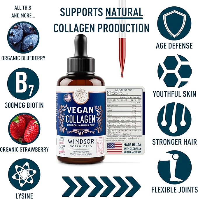 Vegan Collagen Builder Liquid Supplement - Collagen Booster with Vitamin C, Biotin, Hyaluronic Acid & Amino Acids - Organic Fruit & Vegetable Blend - 60ml, 30 Day
