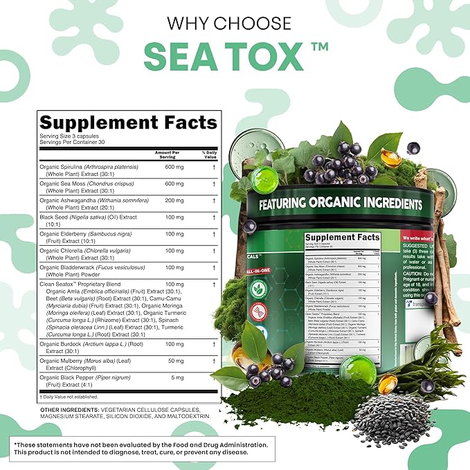 Sea Tox Organic Spirulina and Chlorella Capsules Natural Cleansing & Nourishment Sea Moss Bladderwrack Chlorophyll Burdock Root Ashwagandha Turmeric 90 Vegan Black Seed Oil Capsules by Clean Nutra