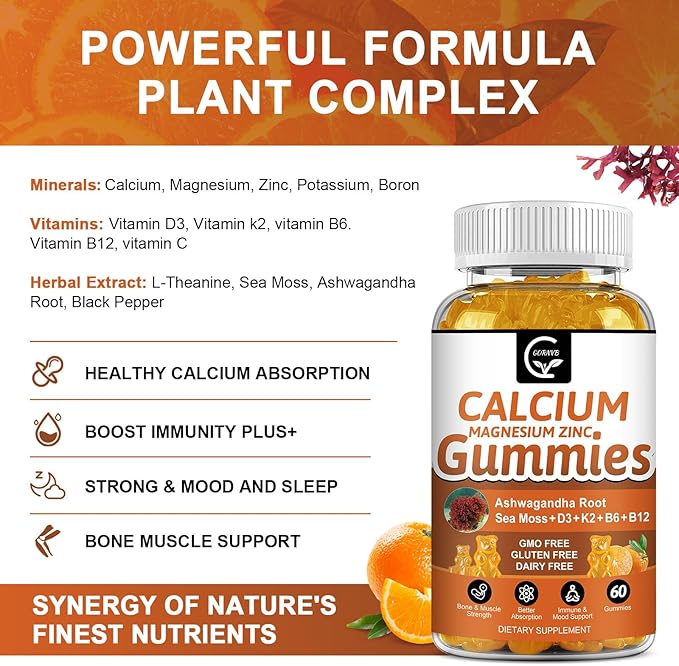 1200mg Calcium Gummies with Vitamin D3,K2,B12 & B6 - Plant Complex Calcium Magnesium Supplement with Glycinate,Potassium,Sea Moss,Ashwagandha Root for Bone & Teeth Strength, Muscle & Immune