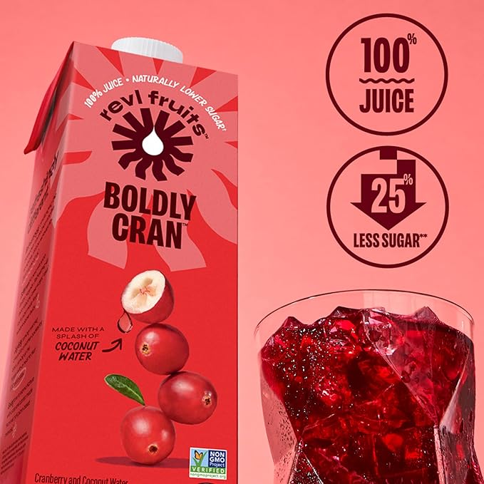 Revl Fruits™ 100% Juice, Boldly Cran™ Cranberry Juice, No Added Sugar, 32 fl oz. Carton (Pack of 4)