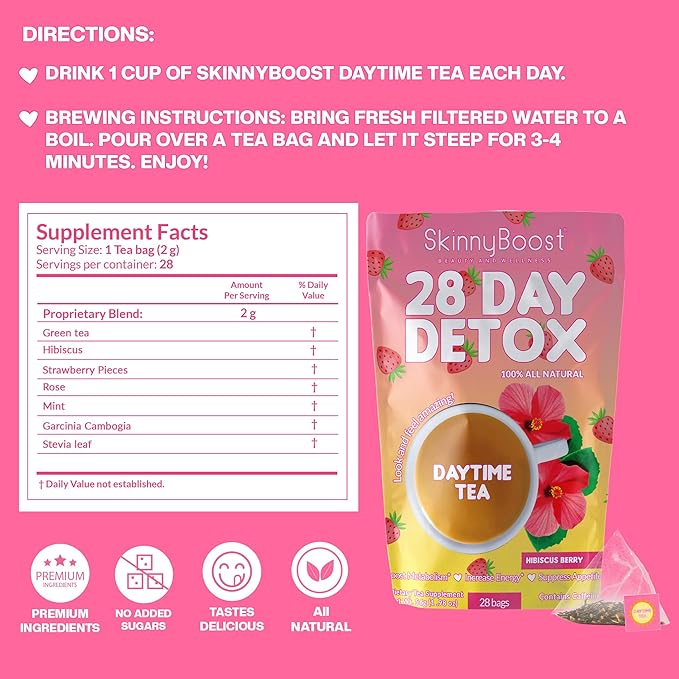 Skinny Boost Detox Tea Kit Slimming Tea for Weight, Metabolism, Energy, Bloating & Colon Cleanse – Green Tea, Herbal, Vegan, Keto, Non-GMO, Sugar-Free-2 PACK –1 Daytime Hibiscus (28 Bags) + 1 Evening Apple -(14 Bags)
