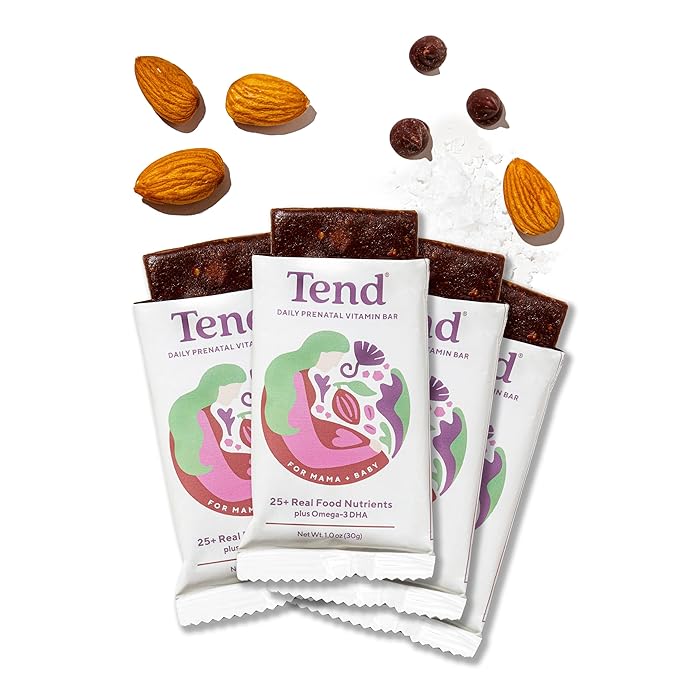 Tend Daily Best Prenatal Vitamin Bar, Made with Organic Ingredients for Pregnant & Postpartum Mothers, Includes DHA, Vitamin D, B, Choline, Folate - Chocolate Sea Salt (4ct)