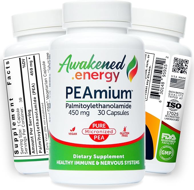 Palmitoylethanolamide 450mg Comfort Mobility Nerves Cognitive & Immune Support - Micronized High Absorption - All Natural Pea - USA Made - No Additives or Excipients - 30 Vegan Capsules Supplement