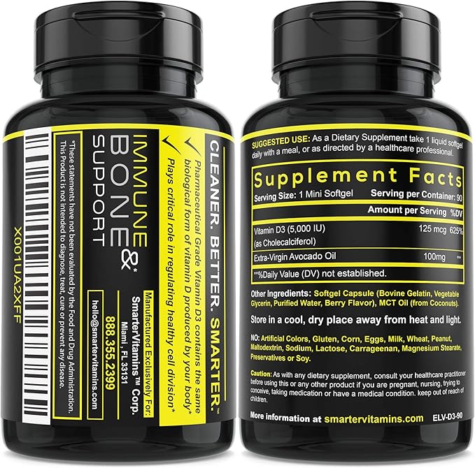 (3 Pack) Smarter Vitamin D3 5000 IU in Avocado Oil 125mcg 270 Mini Softgels