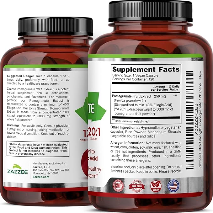 Zazzee Extra Strength Pomegranate 20:1 Extract, 5000 mg Strength, 40% Ellagic Acid, 120 Vegan Capsules, 4 Month Supply, Standardized, Concentrated 20X Extract, 100% Vegetarian, All-Natural and Non-GMO
