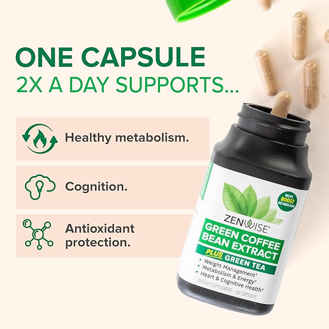 Zenwise Health EGCG Green Tea Extract Capsules with Coffee Bean Extract - 50% EGCG + 98% Polyphenols Supplement - Green Tea Pills for Skin and Heart Support + Brain Health and Memory Boost - 60 Count