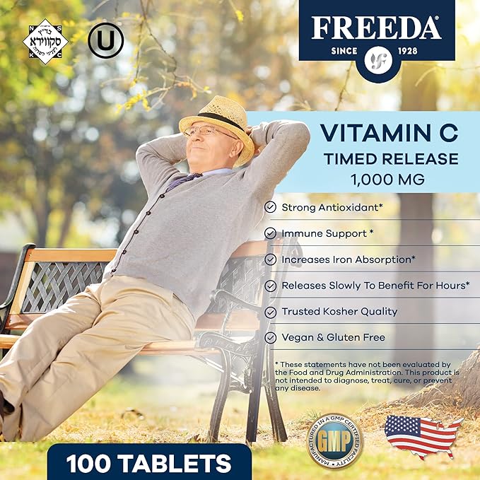 FREEDA Vitamin C - Timed Release 1000mg – Slow-Release for All-Day Immune & Antioxidant Support, Gentle on Stomach, Kosher & Vegan, High-Absorption Tablets (250 Tablets)