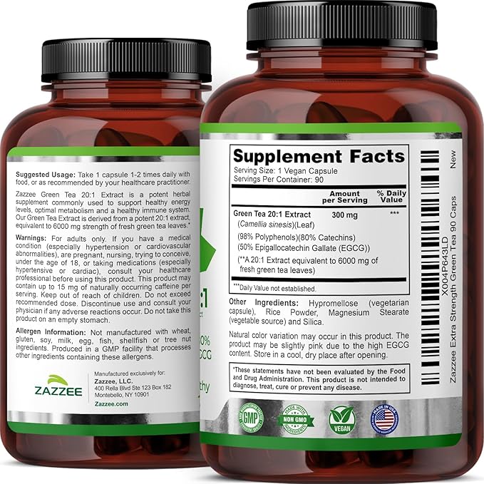Zazzee Extra Strength Green Tea 20:1 Extract, 6000 mg Strength, 50% EGCG, 98% Polyphenols and 80% Catcehins, 90 Vegan Capsules, 3 Month Supply, Standardized and Concentrated 20X Potency, Non-GMO