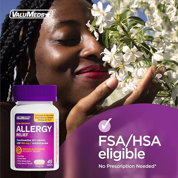 ValuMeds 24-Hour Allergy Relief Fexofenadine Hydrochloride 180mg | Non-Drowsy Antihistamine Generic Medicine for Allergies, Hay Fever, Itchy Eyes for Kids, Adults | Compare to Allegra (45-Count)