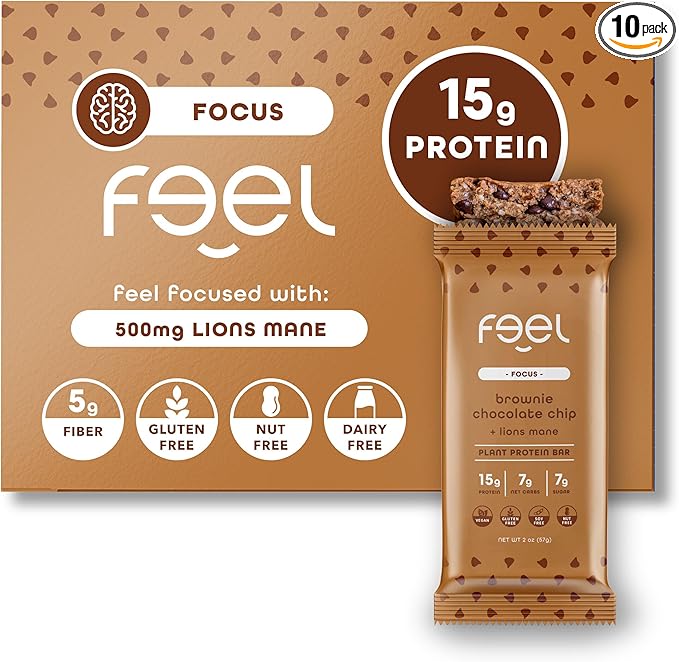 Feel Vegan Protein Bars, Focus, Lion’s Mane, Dairy, Nut, Grain, Soy Free, 15g Plant Protein, Adaptogenic Snack, Organic, Low Sugar, Low Carb, Gluten Free, Brownie Chocolate Chip, 10 Pack