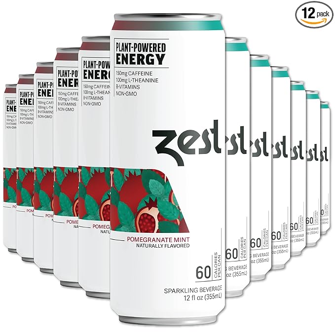 Zest Clean Energy Drink – Pomegranate Mint – 150mg Caffeine + 100mg L-Theanine – Natural Focus & Concentration Boost – Healthy Energy Drink 12oz Can 12 Pack – Low Sugar, No Artificial Sweeteners