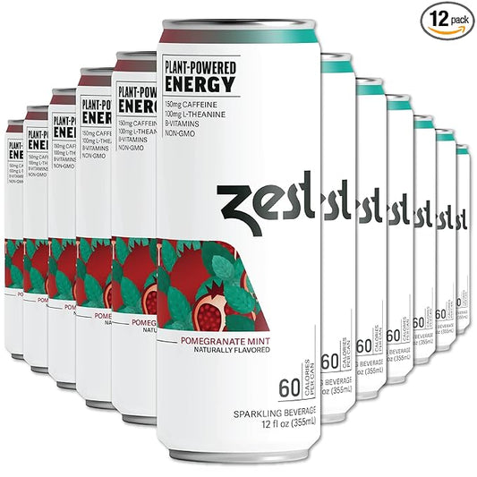 Zest Clean Energy Drink – Pomegranate Mint – 150mg Caffeine + 100mg L-Theanine – Natural Focus & Concentration Boost – Healthy Energy Drink 12oz Can 12 Pack – Low Sugar, No Artificial Sweeteners
