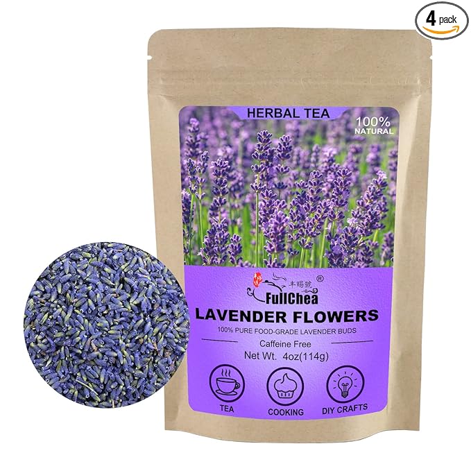FullChea - Natural Dried Lavender Flowers - 4oz/114g - Premium Food Grade Lavender Buds - Non-GMO - Caffeine-free - Perfect for Tea, Lemonade, Baking, Baths
