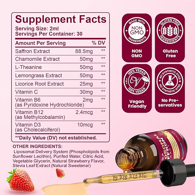 2 Pack Liposomal Saffron Supplements - 88.5mg Saffron Extract Liquid Drops with L-Theanine, Chamomile, Vitamin C, B6, B12 & D3 for Antioxidant, Immune, Mood, Energy, Focus & Sleep - Strawberry Flavor