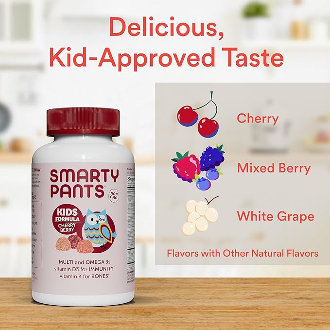 SmartyPants Kids Multivitamin Gummies: Omega 3 Fish Oil (EPA/DHA), Vitamin D3, C, Vitamin B12, B6, A, K & Zinc for Immune Support, Biotin, Grape, Cherry & Berry Flavors, 120 Count (30 Day Supply)