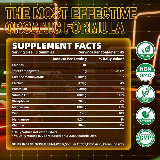 Zipvit Creatine Monohydrate Gummies (5g) – Pre-Workout Energy & Muscle Growth Support for Men & Women | Orange Electrolyte Gummies (135 Count)