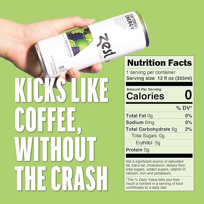 Zest Clean Energy Drink – Blackberry Lime – Zero Sugar, 0 Calories – 120mg Caffeine + 100mg L-Theanine for Focus, Energy & Concentration – Healthy Zero Sugar Energy Drink – 12oz Can, 12 Pack