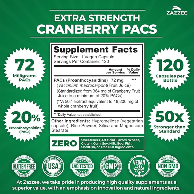 Zazzee Cranberry PACs, 72 mg PACs per Capsule, 2X Strength, 100% Soluble, 120 Vegan Capsules, 50:1 Extract, 18,200 mg Strength, Fast-Acting, Effective Urinary Tract UTI Support, Made in The USA