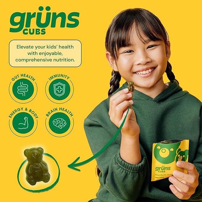 Gruns Multivitamin for Kids, Super Greens Gummies, Superfood Gummy Bears with 20+ Vitamins & Minerals, Spirulina, Chlorella, Prebiotics Fiber for Digestive Health, Adaptogens Supplement, 28 day Supply