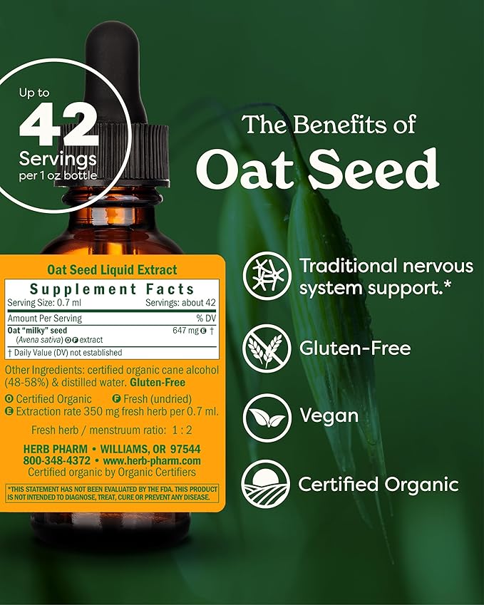 Herb Pharm Certified Organic Oat Seed Liquid Extract for Nervous System Support, Organic Cane Alcohol, 1 Fl Oz