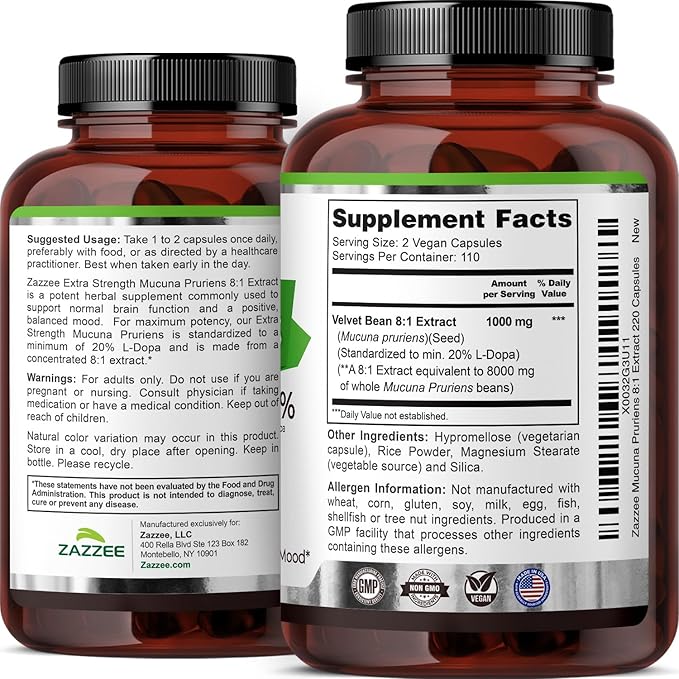 Zazzee Extra Strength Mucuna Pruriens 8:1 Extract, Minimum 20% L-Dopa, 1000 mg, 220 Vegan Capsules, 110 Day Supply, Concentrated and Standardized 8X Extract, 100% Vegetarian, All-Natural and Non-GMO