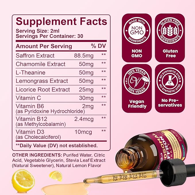 2 Pack Liposomal Saffron Supplements - 88.5mg Saffron Extract Liquid Drops with L-Theanine, Chamomile, Vitamin C, B6, B12 & D3 for Antioxidant, Immune, Mood, Energy, Focus & Sleep - Lemon Flavor