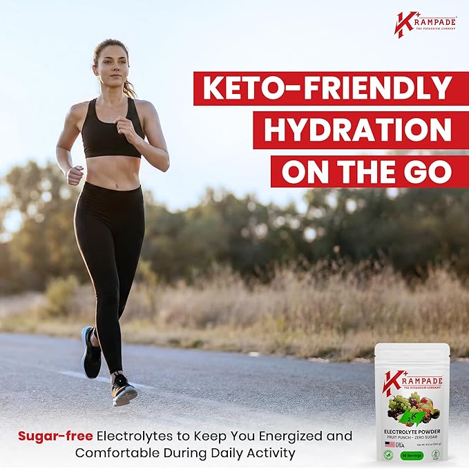 Krampade High Potassium Electrolytes Powder Zero Sugar Fruit Punch, 4180mg Electrolytes, 2000mg Potassium, Cramp Relief & Prevention, Cellular Hydration, Better Endurance & Recovery, Keto, 50 Servings