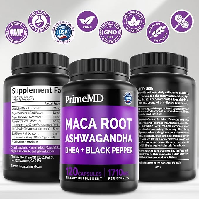 6-in-1 Organic Maca Root Ashwagandha Capsules 1710mg with DHEA and Black Pepper Fruit Extract for Women and Men - Black Maca Supplement for Stamina, Bone and Mood Support Supplement, 120ct (Pack of 2)