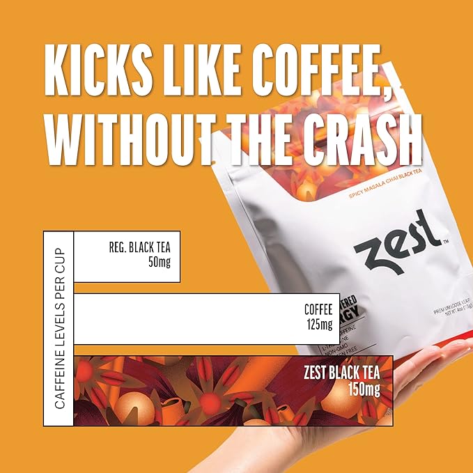 Zest 150mg High Caffeine Energy Loose Leaf Blend - Spicy Masala Chai Black Tea - 4 Oz - All Natural Strong Flavored Healthy Coffee Alternative Highly Caffeinated Substitute - Perfect for Keto Diet