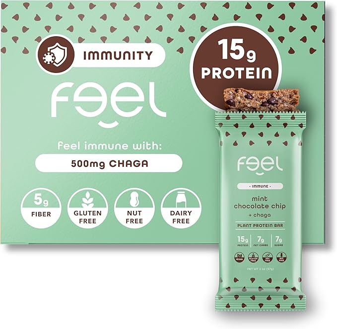 Feel Vegan Protein Bars | Mint Chocolate Chip | Keto | Gluten Free | Organic | Chaga Mushroom | 15g Plant Protein | Low Carb | High Protein | Dairy Free | Low Sugar | Grain Free | Nut Free | Soy Free